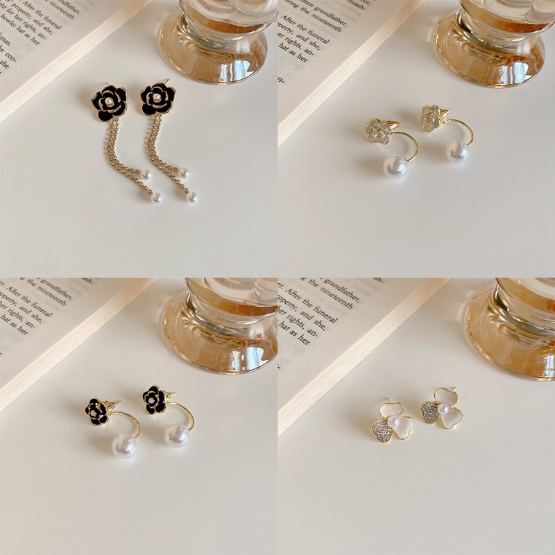 Anting Tusuk Silver S925 Gaya Retro Perancis Motif Bunga Camellia Aksen Mutiara Hitam Untuk Perhiasan Wanita