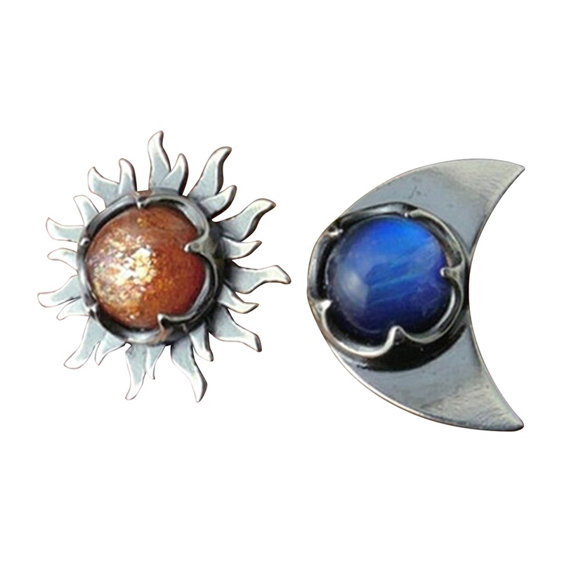 Anting Stud Desain Matahari Dan Bulan Warna Silver Gaya Bohemia Untuk Wanita