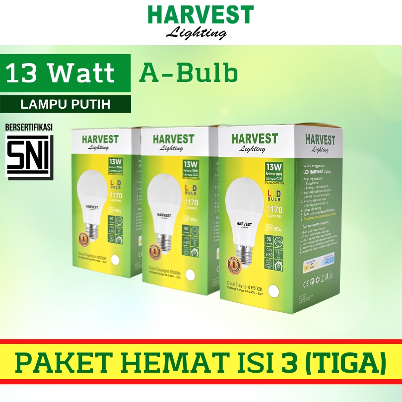 13W - Paket Isi 3 - HARVEST LIGHTING Lampu Bohlam LED A Bulb  13 Watt Lampu Hemat Energi Original Bersertifikasi SNI dan Bergaransi