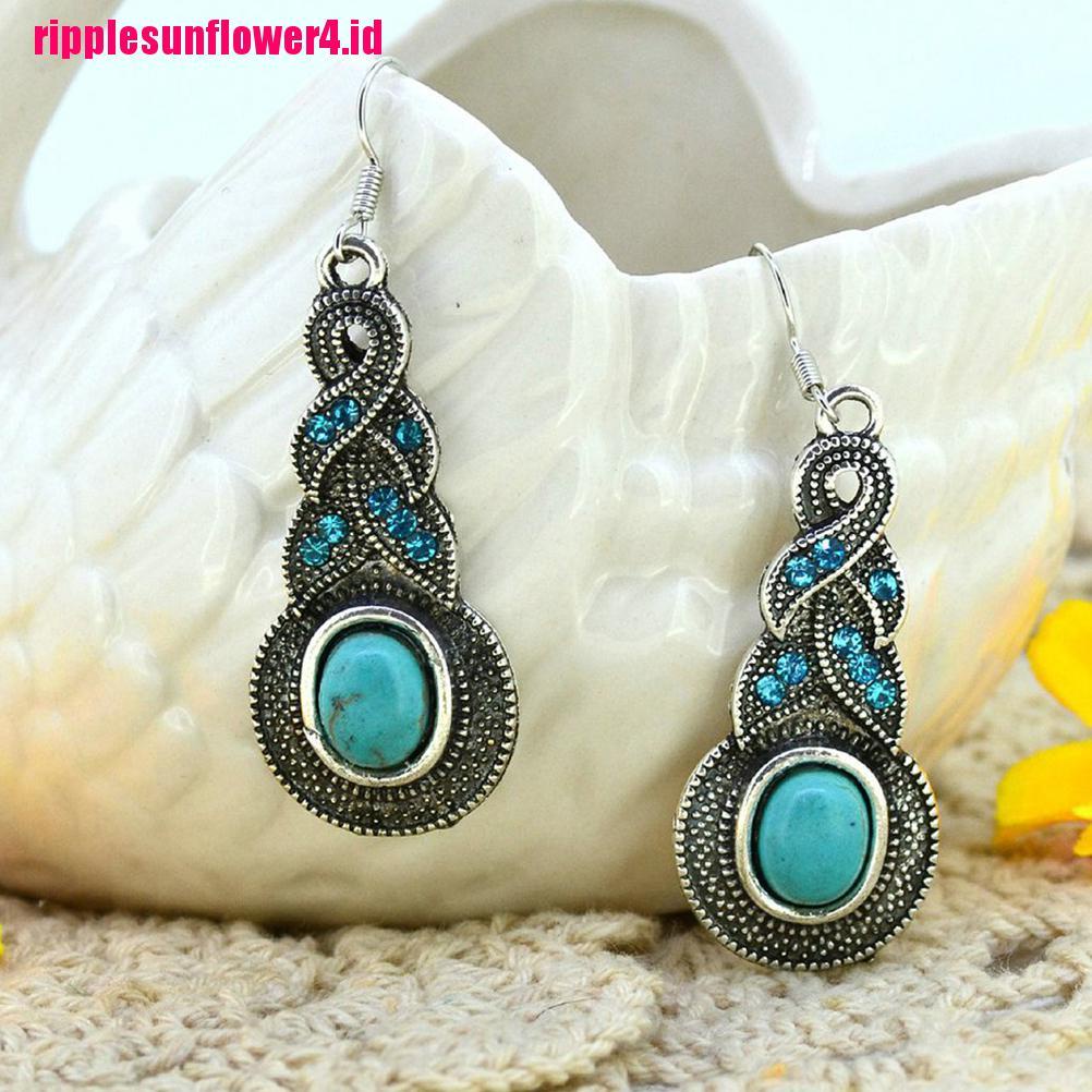 Set Perhiasan Kalung Kait Turquoise Gaya Retro Vintage