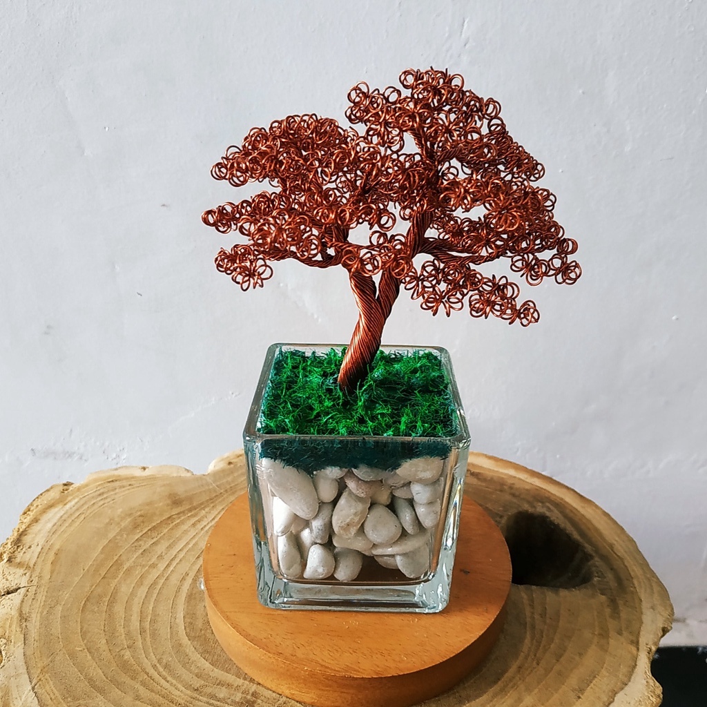 Bonsai Artificial Hiasan Dinding Tanaman Artificial Bahan Kawat Tembaga Pot Kaca Beringin Batu Putih