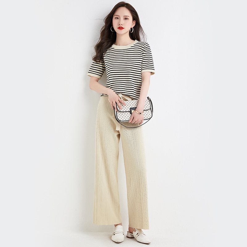 【Elegant】Korean Summer  Highwaist Long Pants &amp; Short Sleeve T-Shirt One Set   7479