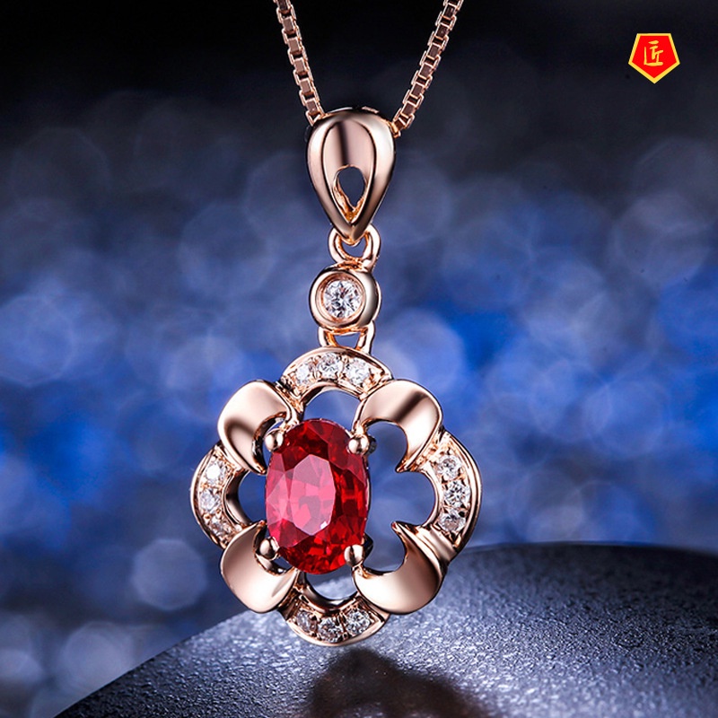 [Ready Stock]Silver Necklace Female Ruby Pendant 18K Rose Gold