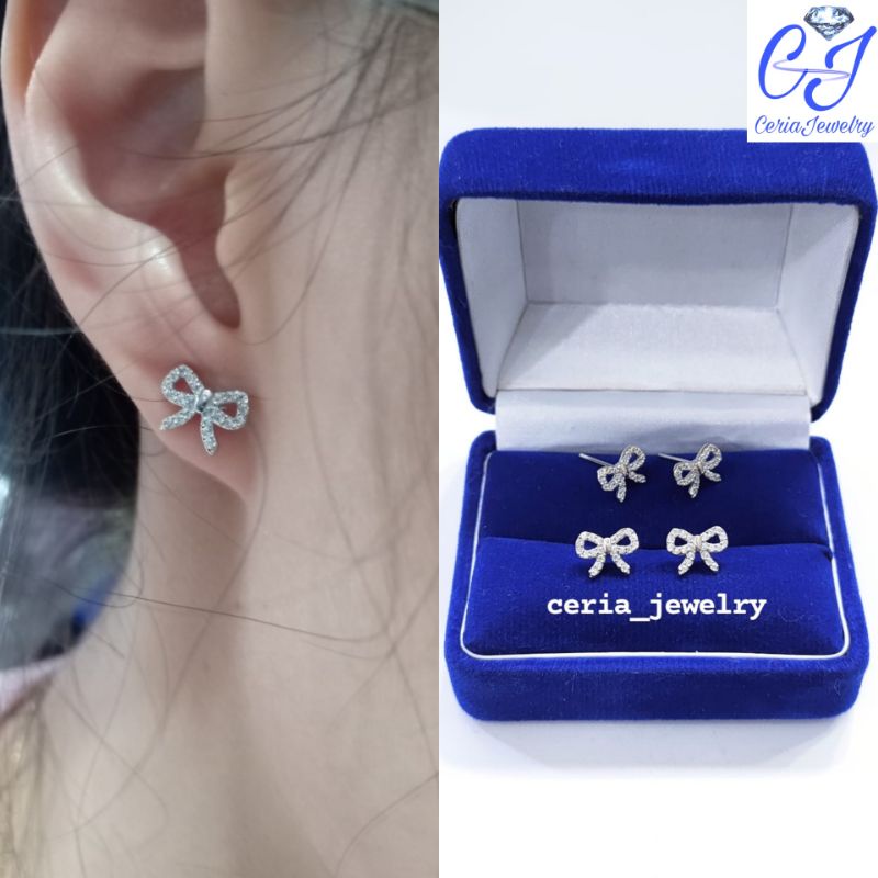 Anting Giwang Perak Asli Silver 925 Lapis Emas Putih Model Pita - Perhiasan Wanita