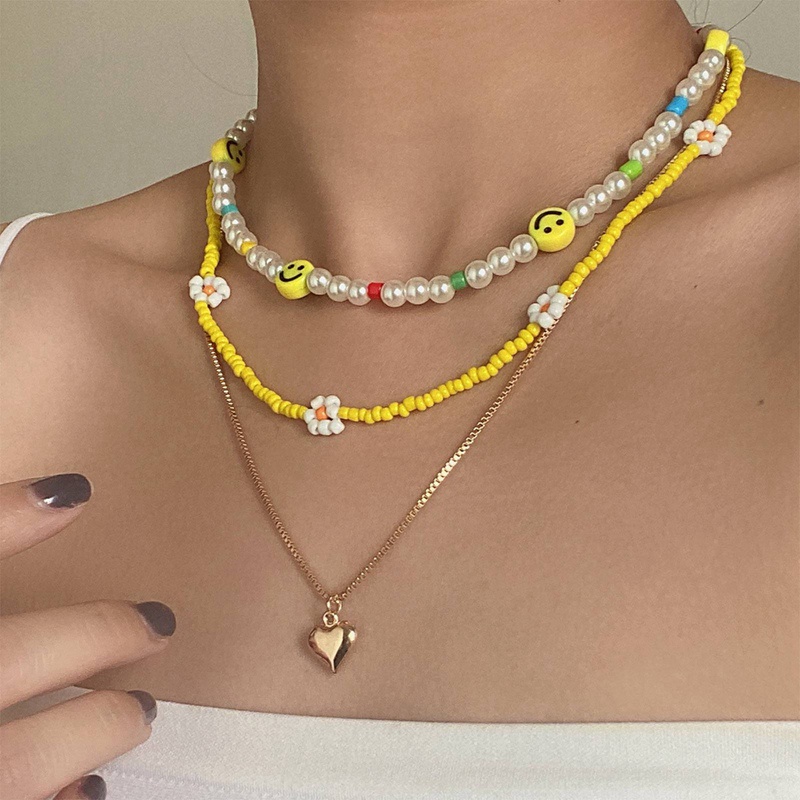 Kalung Choker Rantai Manik-Manik Mutiara Multilayer Bahan Akrilik Warna Pelangi Gaya Bohemia Untuk Wanita