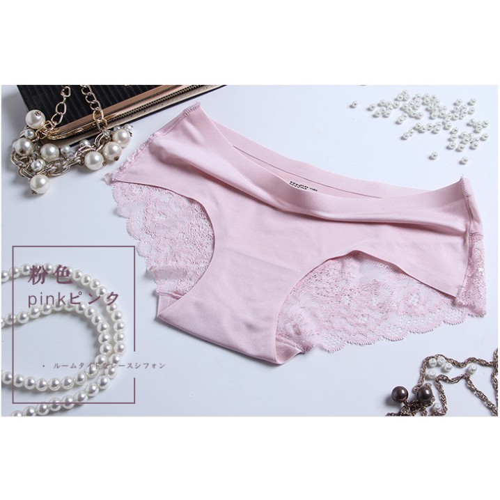 - BISA COD - PREMIUM QUALITY Celana Dalam Wanita Women Panties Renda Lace Sutra Silk Seamless Sexy-Pink