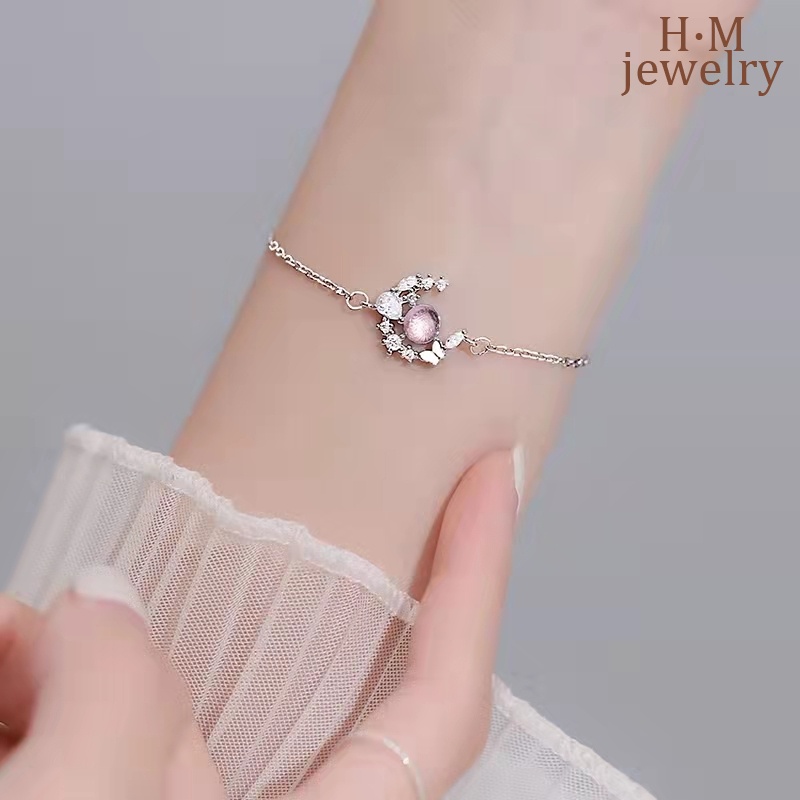 Gelang Tangan Rantai Sterling Silver 925 Aksen Kupu-Kupu + Bulan Sabit + Kristal Untuk Wanita