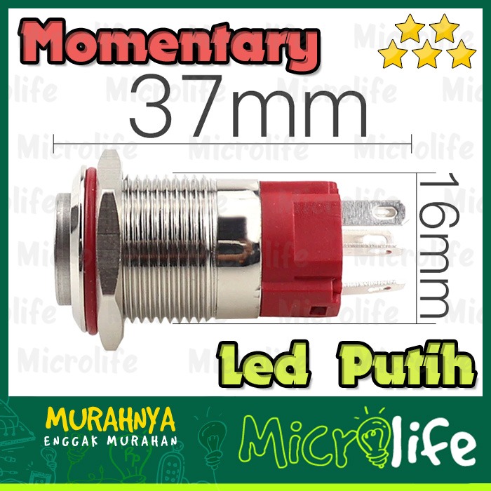 Push on Button Stainless Power LED Putih 16mm 9-24v Momentary White