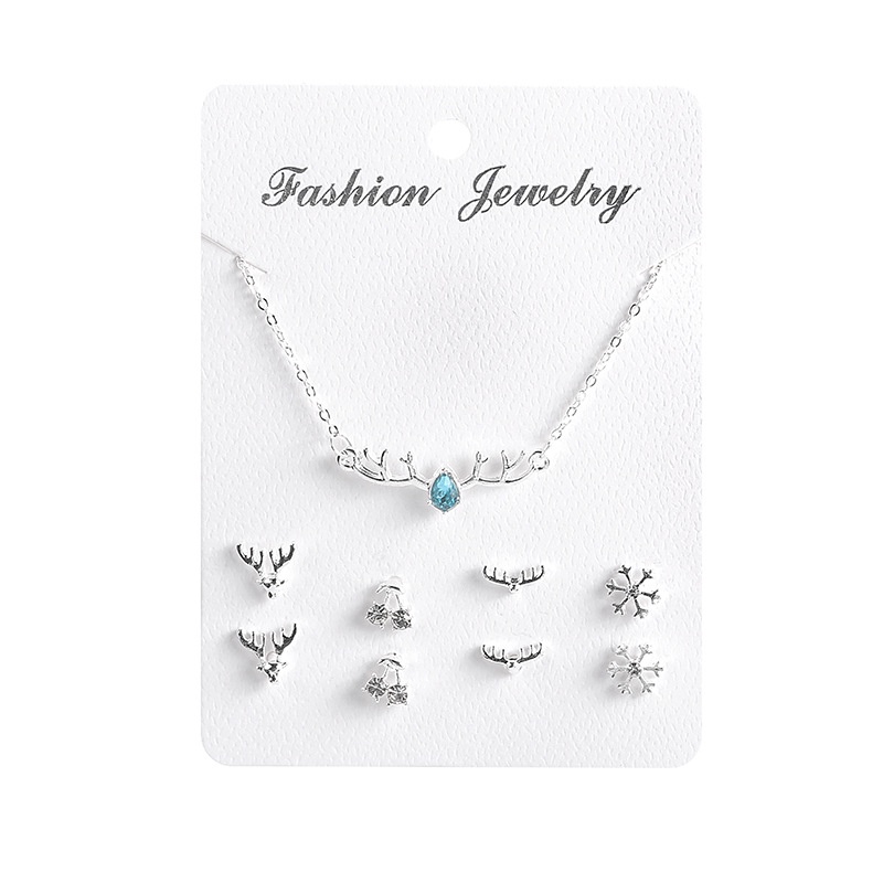 9 Pcs Fashion Deer Earrings Necklace Set  Kalung+ Anting Women Crystal Silver Ear Stud Pendant Jewelry Sets Birthday Gift