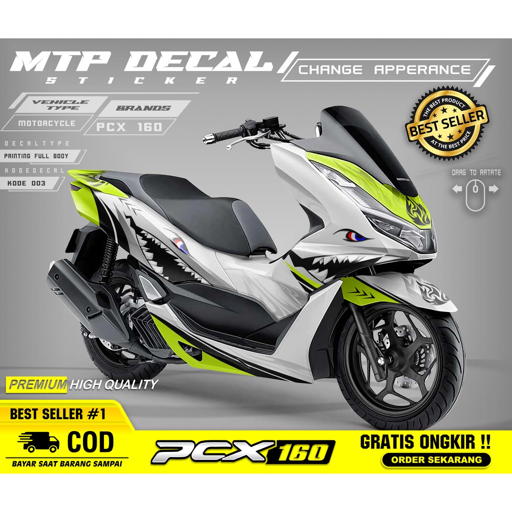 (TERLARIS) Decal Sticker Honda PCX 160 2021 Fullbody - Dekal Variasi PCX160 New Motif SharK Hiu 03
