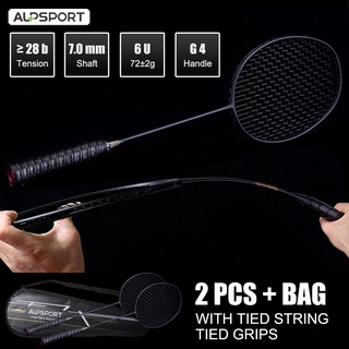 Alpsport XHP 2Pcs Raket Badminton 6U 72g 100% Full Carbon 28Lbs Strung G4 T700