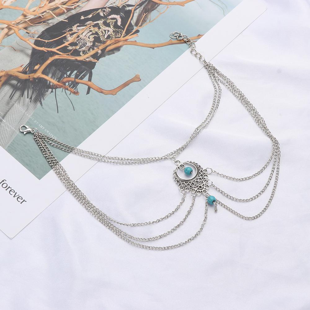 Lily Gelang Kaki Perhiasan Aksesoris Fashion Gaya Pantai Rantai Tipis Aksesoris Etnik Drop Rantai Multi-Lapis Memakai Liontin Pirus Perak Kaki