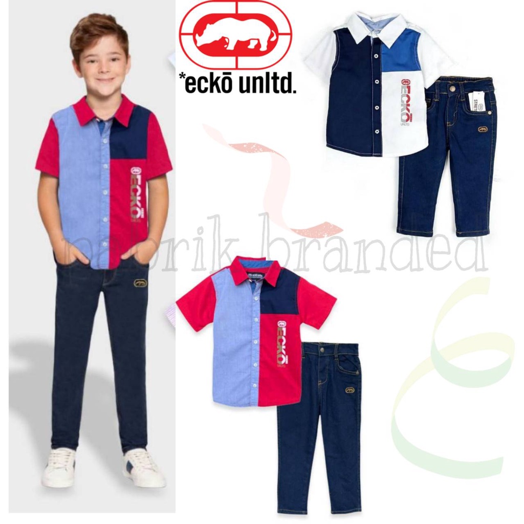 pabrik branded ecko shirt jeans set baju setelan bayi dan anak kemeja celana jeans murah grosir ecer