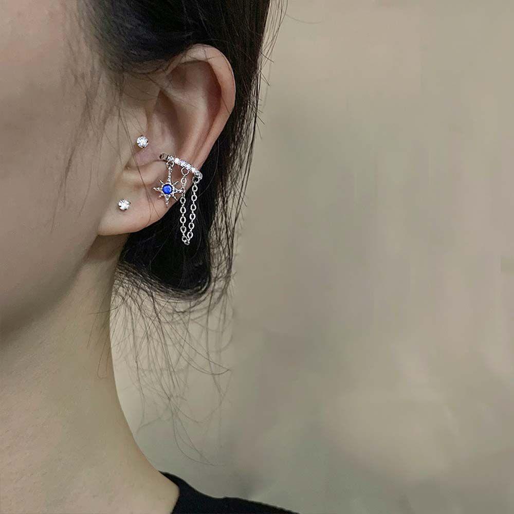 Mxbeauty Telinga Tulang Klip Kepribadian Temperamen Zirkon Biru Desain Fashion Geometris Rantai Ganda Wanita Klip Anting