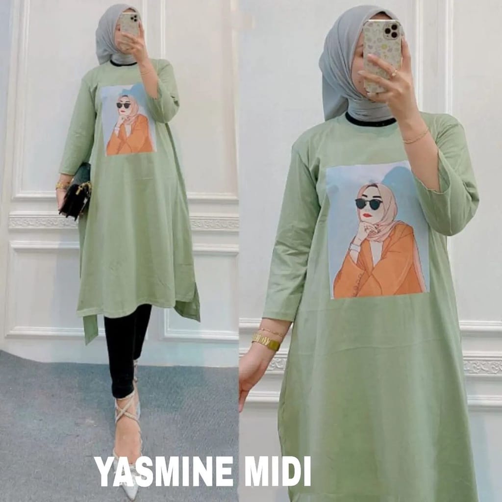 Dress Wanita Terbaru Yasmine Midi Matt Combed 24s Aksen Sablon Midi Dress Jumbo Ootd Kekinian Korean Style Gamis Cewek Dewasa