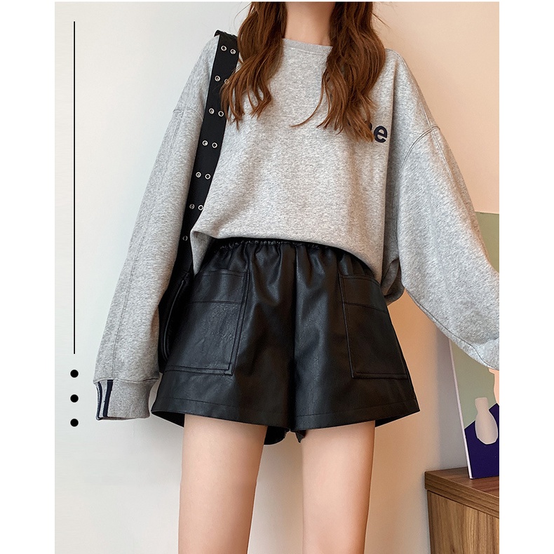 #Sisjuly# Kulit Celana Pendek Wanita2022Musim Semi dan Musim Gugur Baru Longgar Lebar Kaki Slim-Fit Pakaian Bo