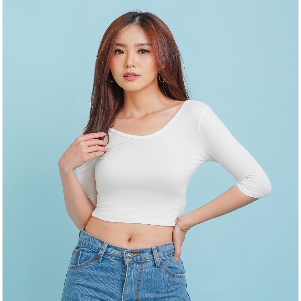 MODAVIE - ZORA Kaos Casual Plain Short Sleeve Crop Top 3/4 Baju Wanita