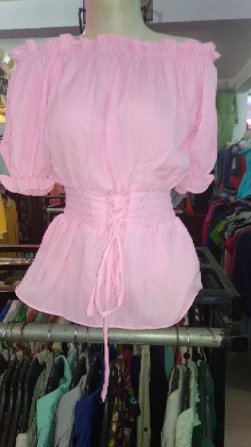 Blouse sabrina lengan pendek tali pinggang