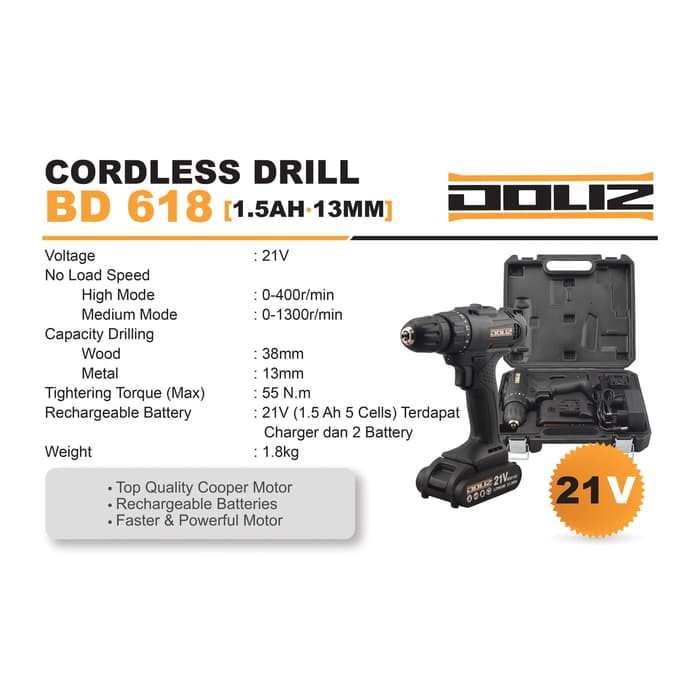 Bor Cordless Drill Baterei 21V DOLIZ BD 618 / BD618 / BOR TANGAN / BOR BATRE / BOR BATERAI