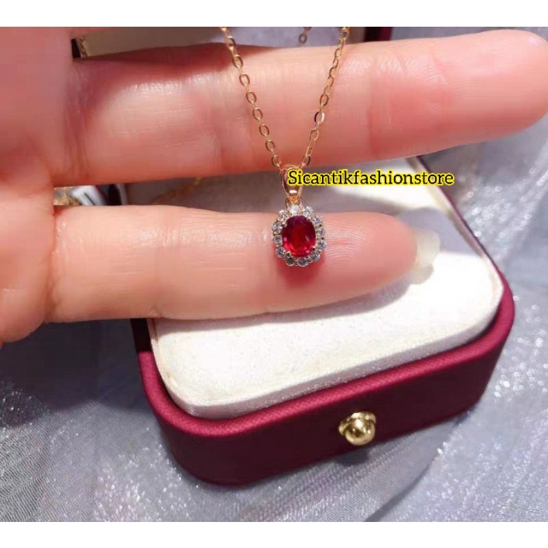 Kalung Titanium Nuri Gold Liontin Permata Kristal Merah Anti Karat selamanya Terlaris Terbaru Kekinian Mewah Kalung Wanita Liontin Pertama Merah