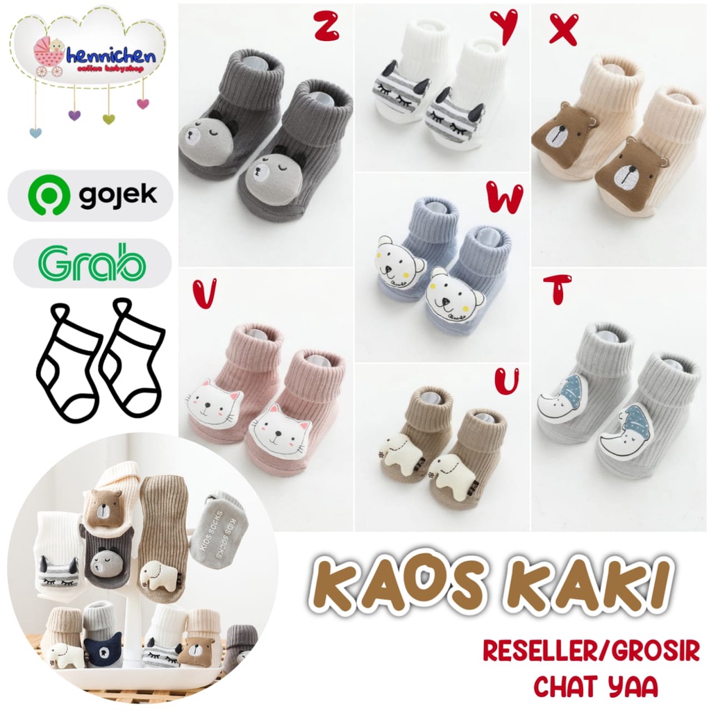 KAOS KAKI RAJUT DENGAN RATTLE BONEKA TEBAL HANGAT 0 - 1 Tahun dengan anti slip