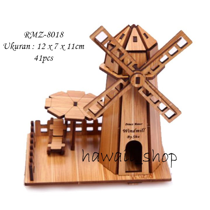 Hawaii Shop Puzzle 3D DIY bahan MDF dilapisin vynil Farm Windmill mainan puzzle edukasi anak (kado &amp; pajangan)