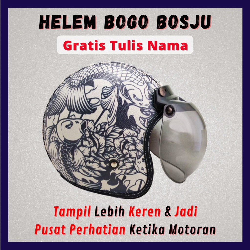 HELM BOGO RETRO KULIT WANITA DEWASA KACA DATAR CLASSIC MOTIF BUNGA IKAN KOI JEPANG - HELEM BOGO BOSJ