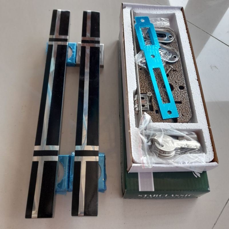 Lengkap 45cm - Handel pintu 1 set kunci rumah stainless / Tarikan pintu rumah kotak hitam garis