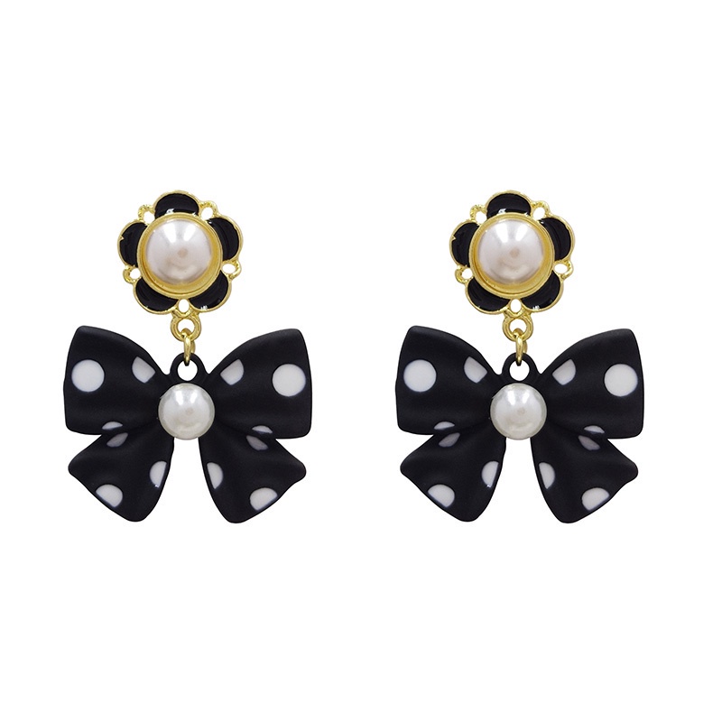 Anting Mutiara Busur Polkadot Hitam Vintage Aksesoris Telinga Korea Wanita