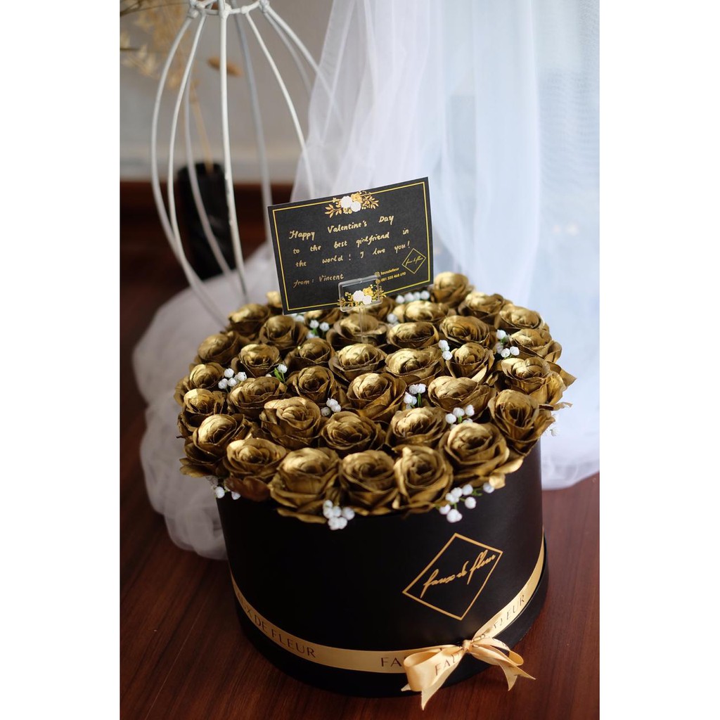 

bok bunga gold, box bunga emas, bok bunga kado