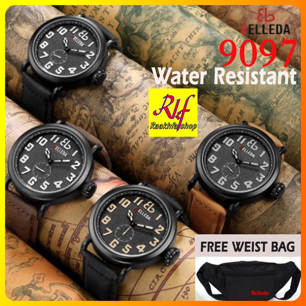 Jam Tangan Fashion Pria/Cowok Ori/Original Hitam Analog Kulit Casual Simple Anti Air Belleda 9097