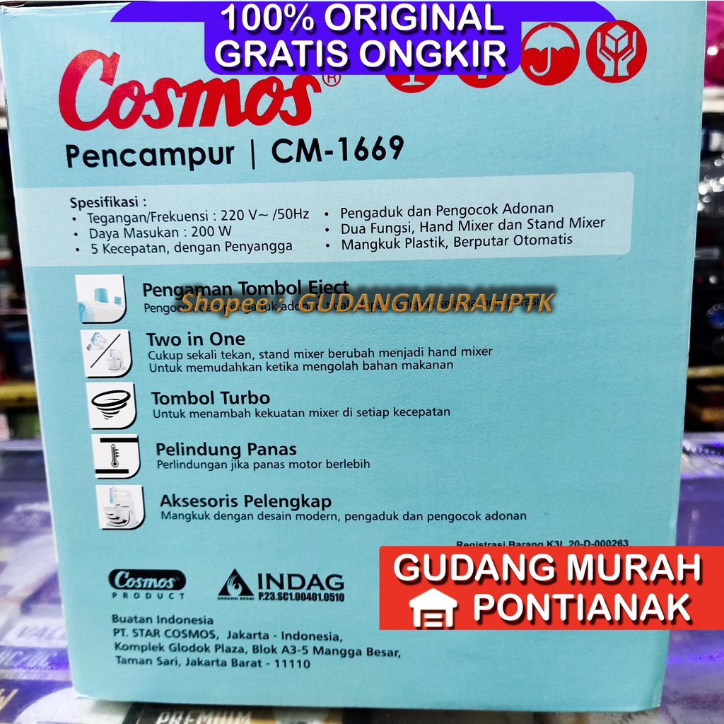 Mixer Cosmos Mangkok STAND MIXER COSMOS CM-1669 1669 COSMIC WITH CONTAINER 3 LITER GARANSI Pengaduk pengocok pencampur adonan