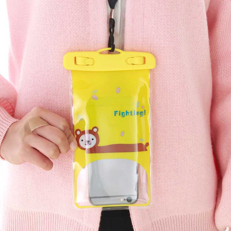 Tas Pouch Handphone Universal Bahan PVC Transparan Anti Air Motif Kartun Dengan Strap Leher