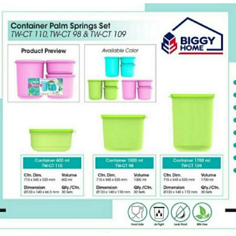 Toples Biggy Palm Spring Series Set 3in1 Toples Makanan Bulat Warna