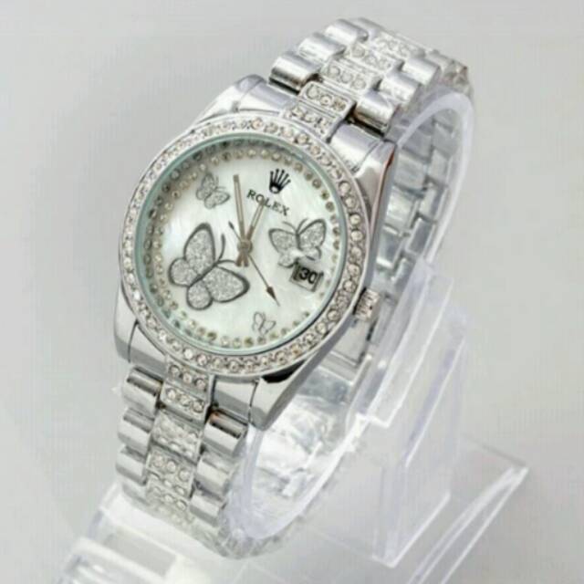 Jam tangan wanita elegant Rolex premium Butterfly Silver