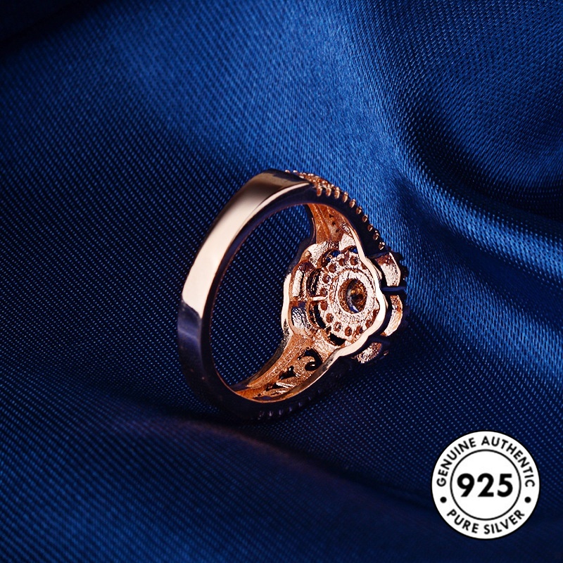 Cincin Sterling Silver 925 Model Bunga Warna Rose Gold Dengan Berlian Mewah Untuk Wanita