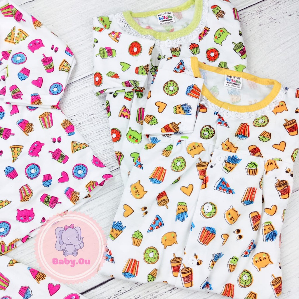 Setelan Bayi Panjang Motif PIzza / Setelan Piyama Bayi Perempuan / Baju Bayi Panjang Merk Syifana