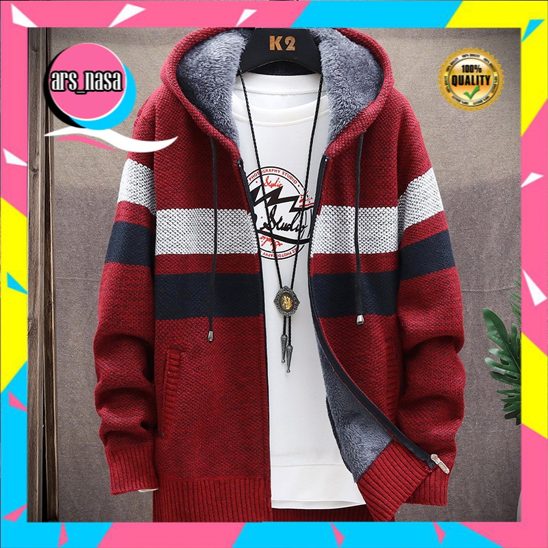Sweater Pria Import 2021     Pria Kasual    Berkerudung Kardigan Rajutan Berlapis Bulu Berlapis Swea