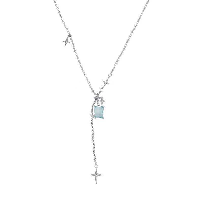 Kalung Rantai Liontin Bintang Hias Kristal Zircon Imitasi Bahan Alloy Warna Biru Untuk Wanita