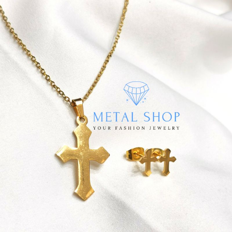 Kalung titanium set anting salib warna emas dan putih