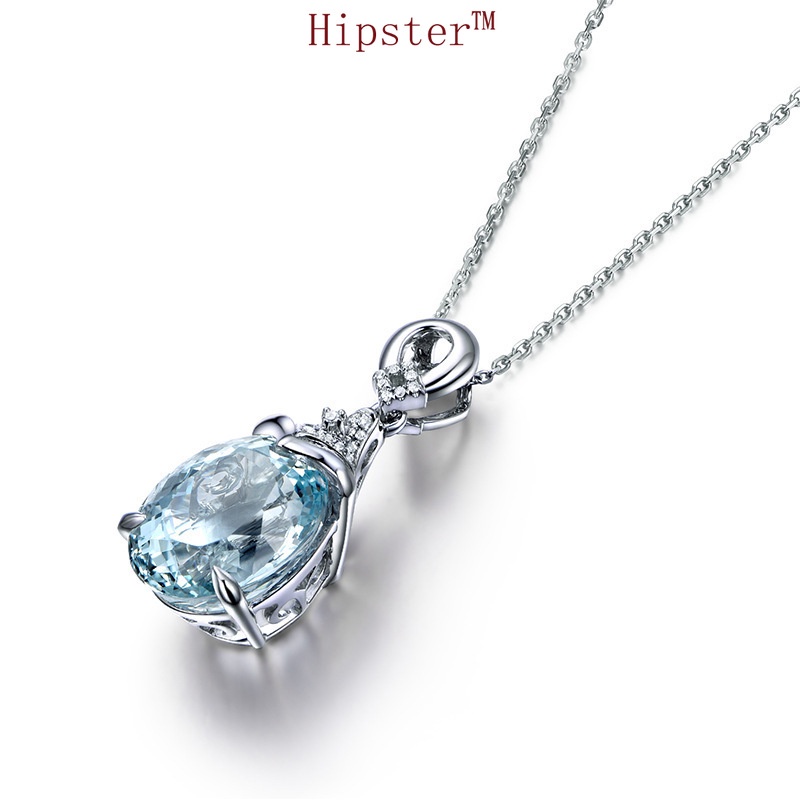 New Hot Selling Elegant Diamond Aquamarine Pendant White Gold Necklace