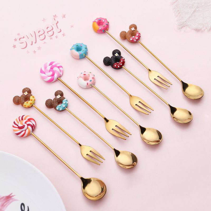 CUTE TEA SPOON FORK SENDOK TEH DESSERT MINI GOLD STAINLESS PREMIUM