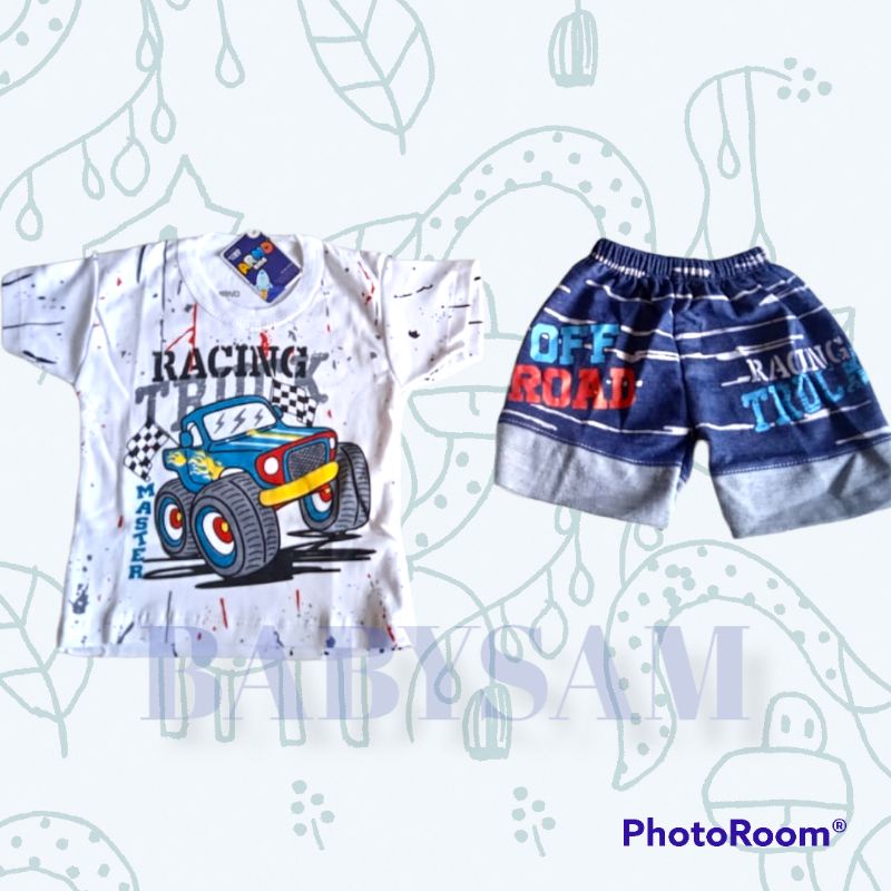 Setelan Celana Pendek Denim Baby Boy 0-18 Bulan Motif Army dan Racing || Pakaian Anak Bayi Kaos Anak Retro || Set Laki laki