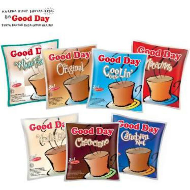 

Kopi Good Day Mocacino, Vanila late, Chococino 1pack isi 10pcs 20gr