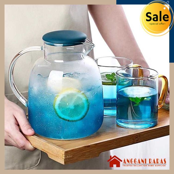 Pitcher Kaca Teko Kaca Tahan Panas Borosilicate Glass Tahan Panas Dan Dingin Desain Unik Kapasitas Besar 1.8 Liter Untuk Jus Es Teh Sirup