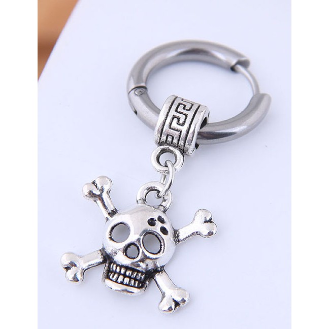 LRC Anting Tusuk Fashion Silver Titanium Steel Skull Earrings Single A59350