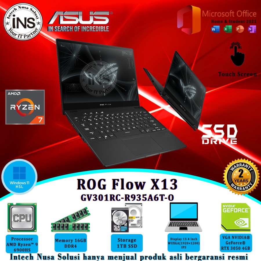 ASUS ROG Flow X13 GV301RC Ryzen 9-6900HS 16GB 1TB SSD RTX3050 W11HSL OHS 21 2YR