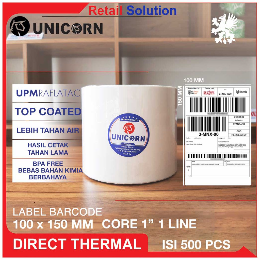 Unicorn Label Stiker Resi Thermal A6 100x150 mm / 100 x 150 mm / 100x150mm isi 500pcs