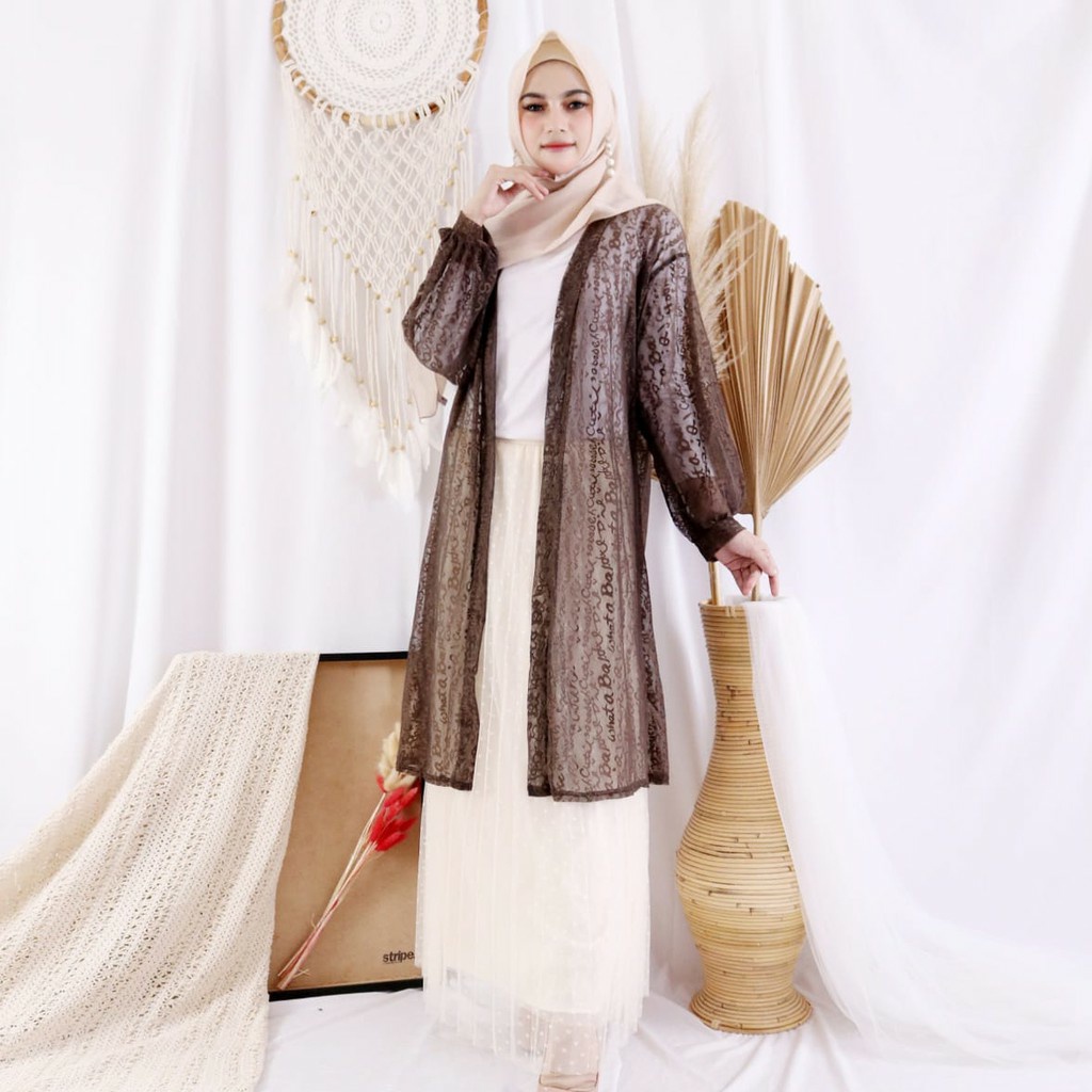 Pakaian Wanita Muslimah Long Outer Brokat Lace Cardigan Putih lengan panjang Bahan Lembut Nyaman Saat Di Pakai-MOCA