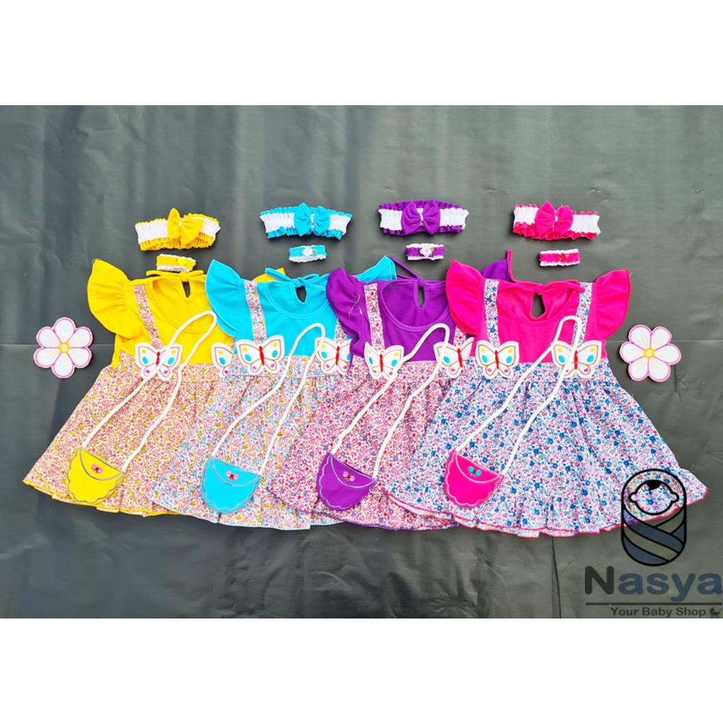 [P-030B] Dress Bayi Anak Usia 0-6 Bulan Full Set Bandana, Gelang dan Tas